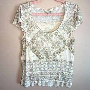Lucky Brand Women Top Off White Printed Linen Blend Flutter Sleeve SZ/LG